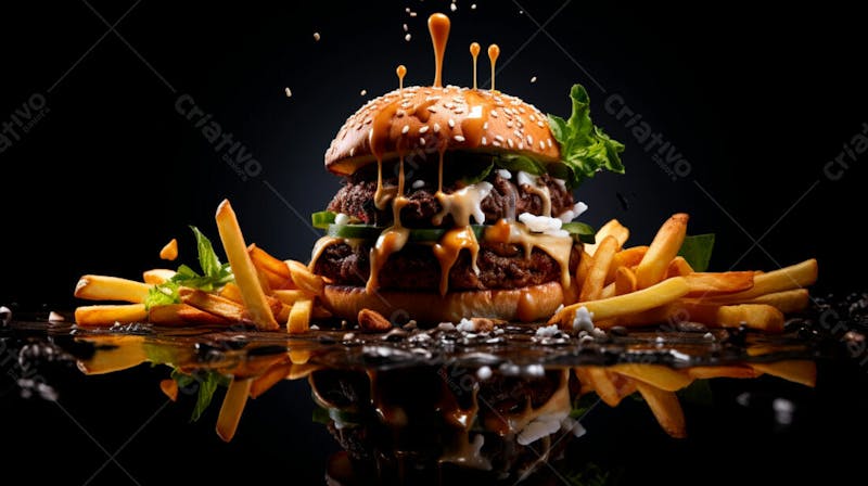 Imagem de um hambúrguer completo com batatas fritas crocantes, fundo preto 83