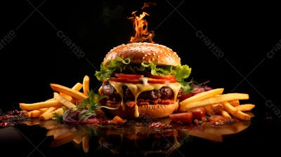  Imagem De Um Hambúrguer Completo Com Batatas Fritas Crocantes, Fundo Preto 84