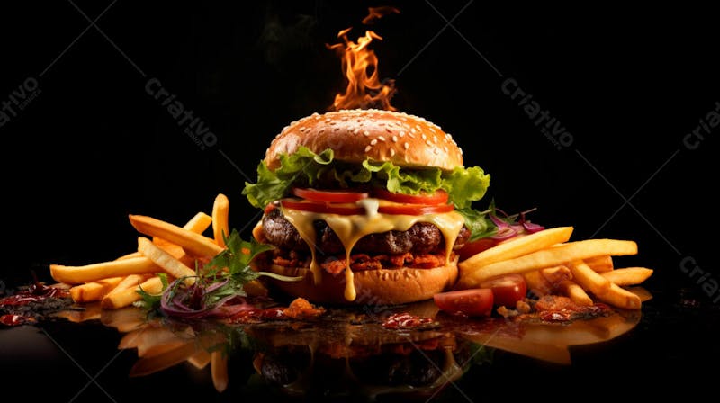 Imagem de um hambúrguer completo com batatas fritas crocantes, fundo preto 84