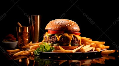  Imagem De Um Hambúrguer Completo Com Batatas Fritas Crocantes, Fundo Preto 85