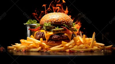  Imagem De Um Hambúrguer Completo Com Batatas Fritas Crocantes, Fundo Preto 86