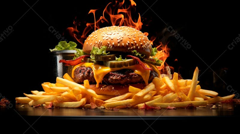 Imagem de um hambúrguer completo com batatas fritas crocantes, fundo preto 86