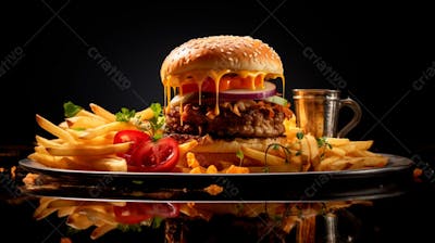  Imagem De Um Hambúrguer Completo Com Batatas Fritas Crocantes, Fundo Preto 87