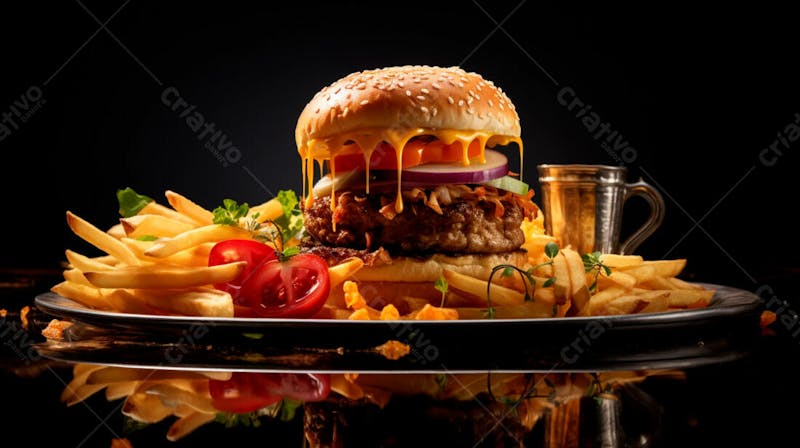 Imagem de um hambúrguer completo com batatas fritas crocantes, fundo preto 87
