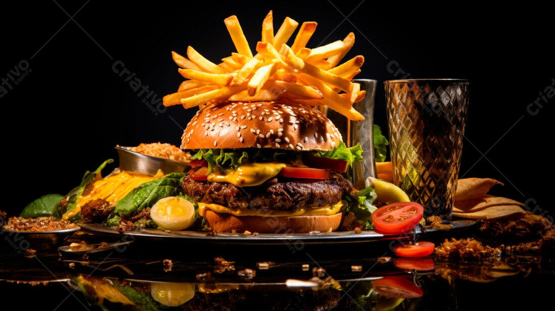 Hambúrguer suculento com fritas e acompanhamentos