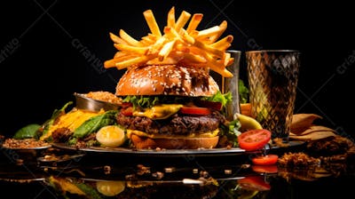  Imagem De Um Hambúrguer Completo Com Batatas Fritas Crocantes, Fundo Preto 88