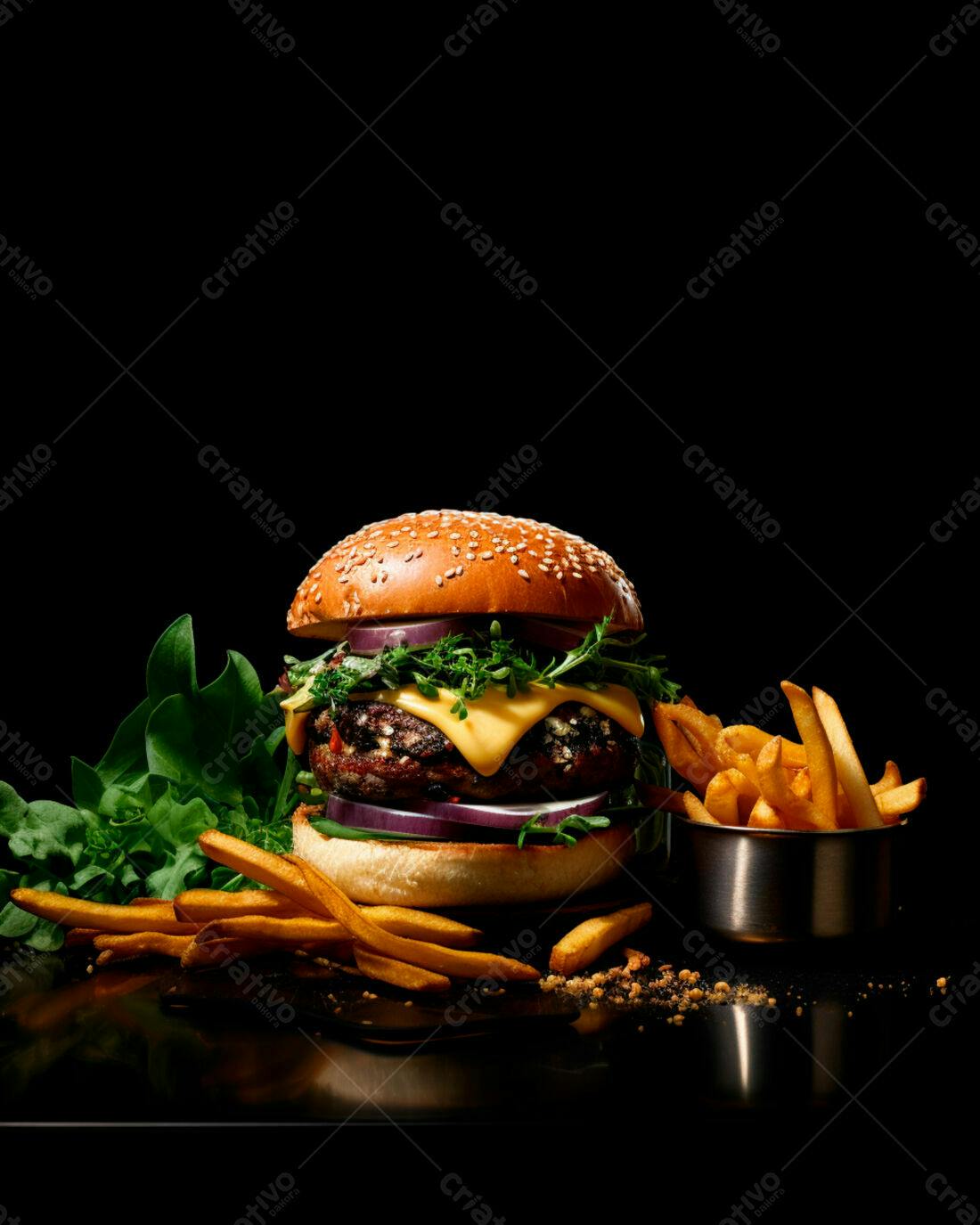 Hambúrguer gourmet com fritas e salada