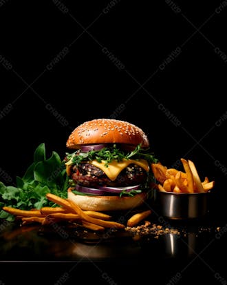 Imagem de um hambúrguer completo com batatas fritas crocantes, fundo preto 89