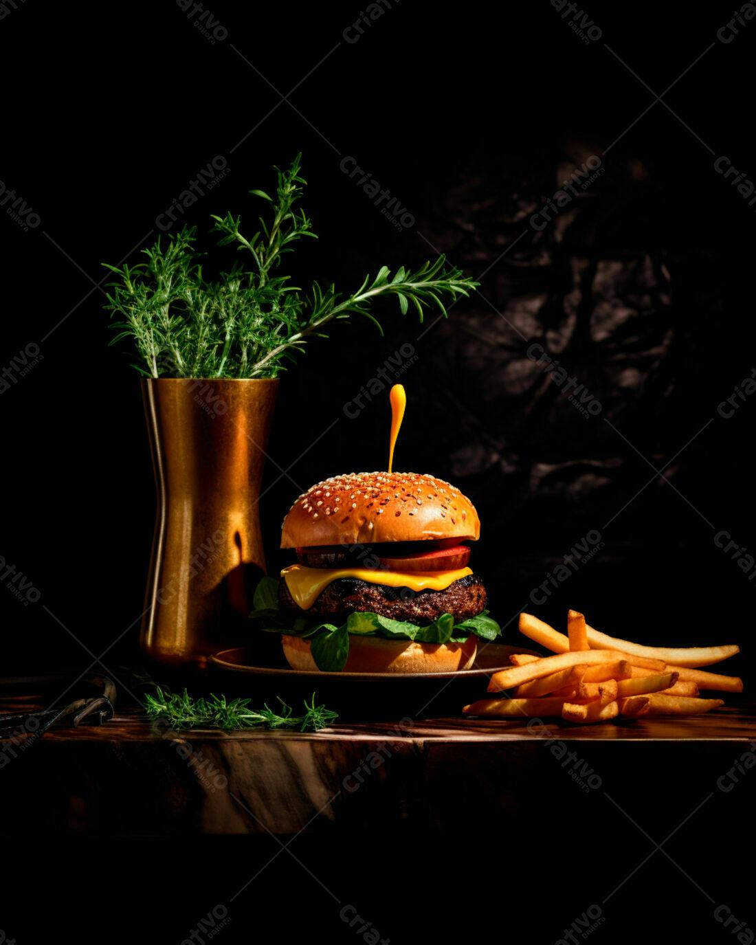 Hambúrguer suculento com batatas fritas