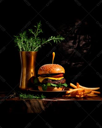 Imagem de um hambúrguer completo com batatas fritas crocantes, fundo preto 90