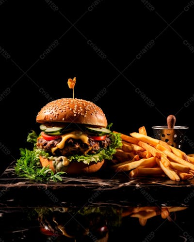  Imagem De Um Hambúrguer Completo Com Batatas Fritas Crocantes, Fundo Preto 91
