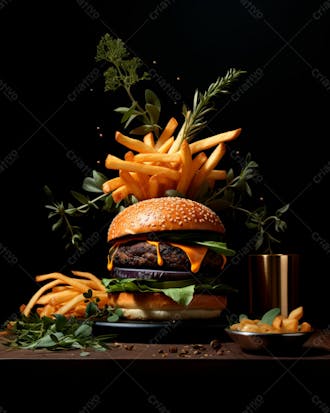 Imagem de um hambúrguer completo com batatas fritas crocantes, fundo preto 92