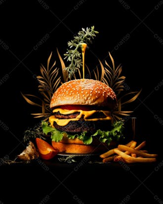 Imagem de um hambúrguer completo com batatas fritas crocantes, fundo preto 93