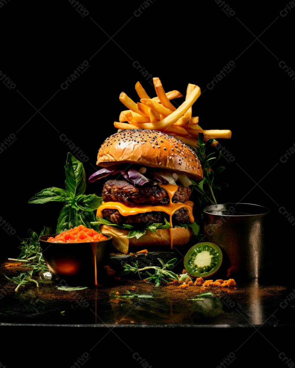  Imagem De Um Hambúrguer Completo Com Batatas Fritas Crocantes, Fundo Preto 94