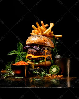 Imagem de um hambúrguer completo com batatas fritas crocantes, fundo preto 94