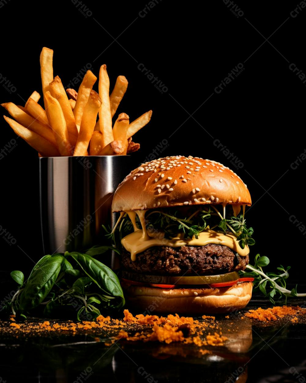  Imagem De Um Hambúrguer Completo Com Batatas Fritas Crocantes, Fundo Preto 95