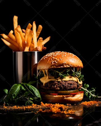 Imagem de um hambúrguer completo com batatas fritas crocantes, fundo preto 95