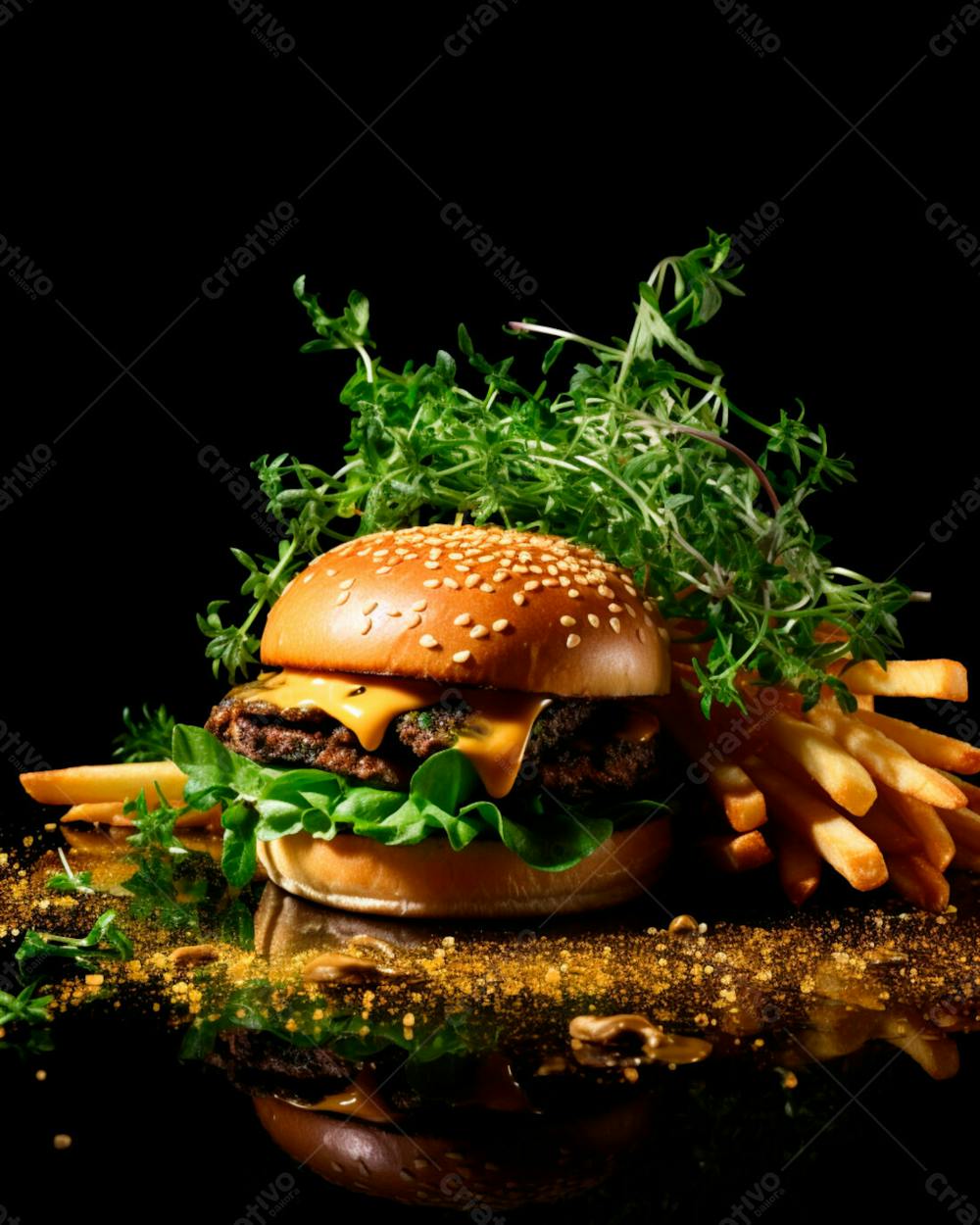  Imagem De Um Hambúrguer Completo Com Batatas Fritas Crocantes, Fundo Preto 96