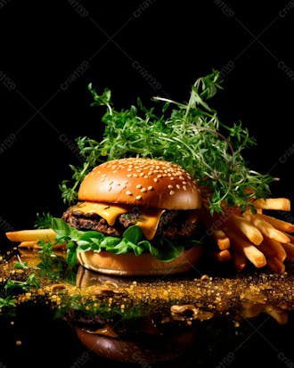 Imagem de um hambúrguer completo com batatas fritas crocantes, fundo preto 96