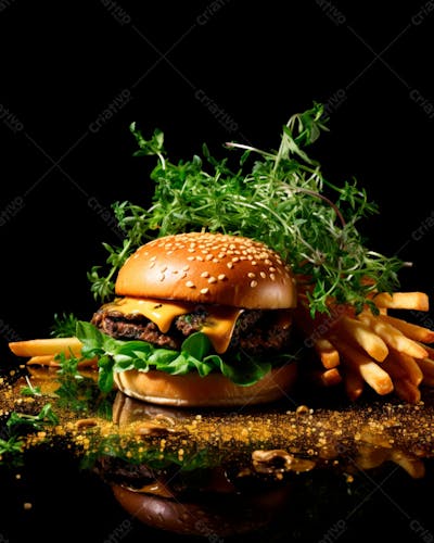  Imagem De Um Hambúrguer Completo Com Batatas Fritas Crocantes, Fundo Preto 96