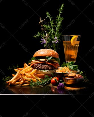 Imagem de um hambúrguer completo com batatas fritas crocantes, fundo preto 97