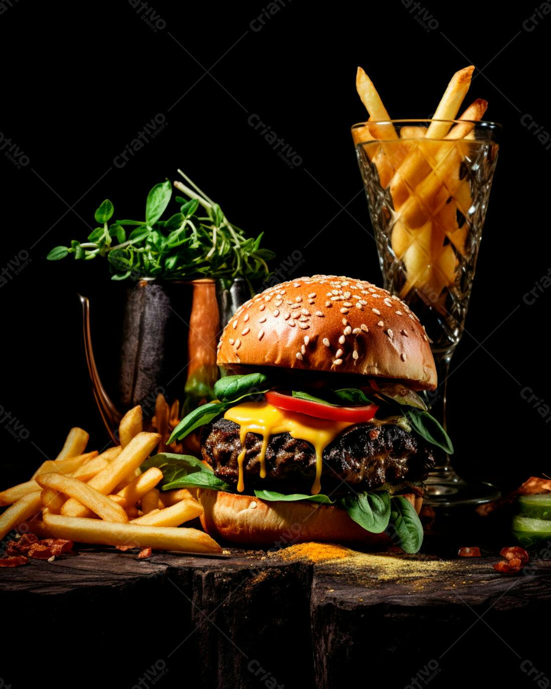 Hambúrguer suculento com fritas e ervas