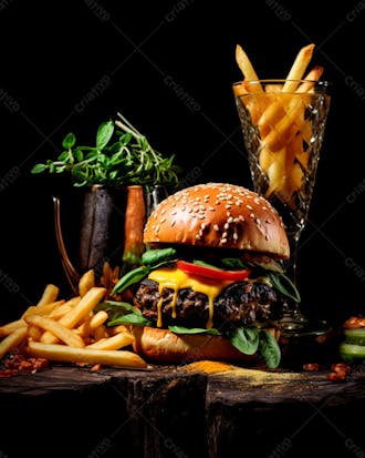 Imagem de um hambúrguer completo com batatas fritas crocantes, fundo preto 98