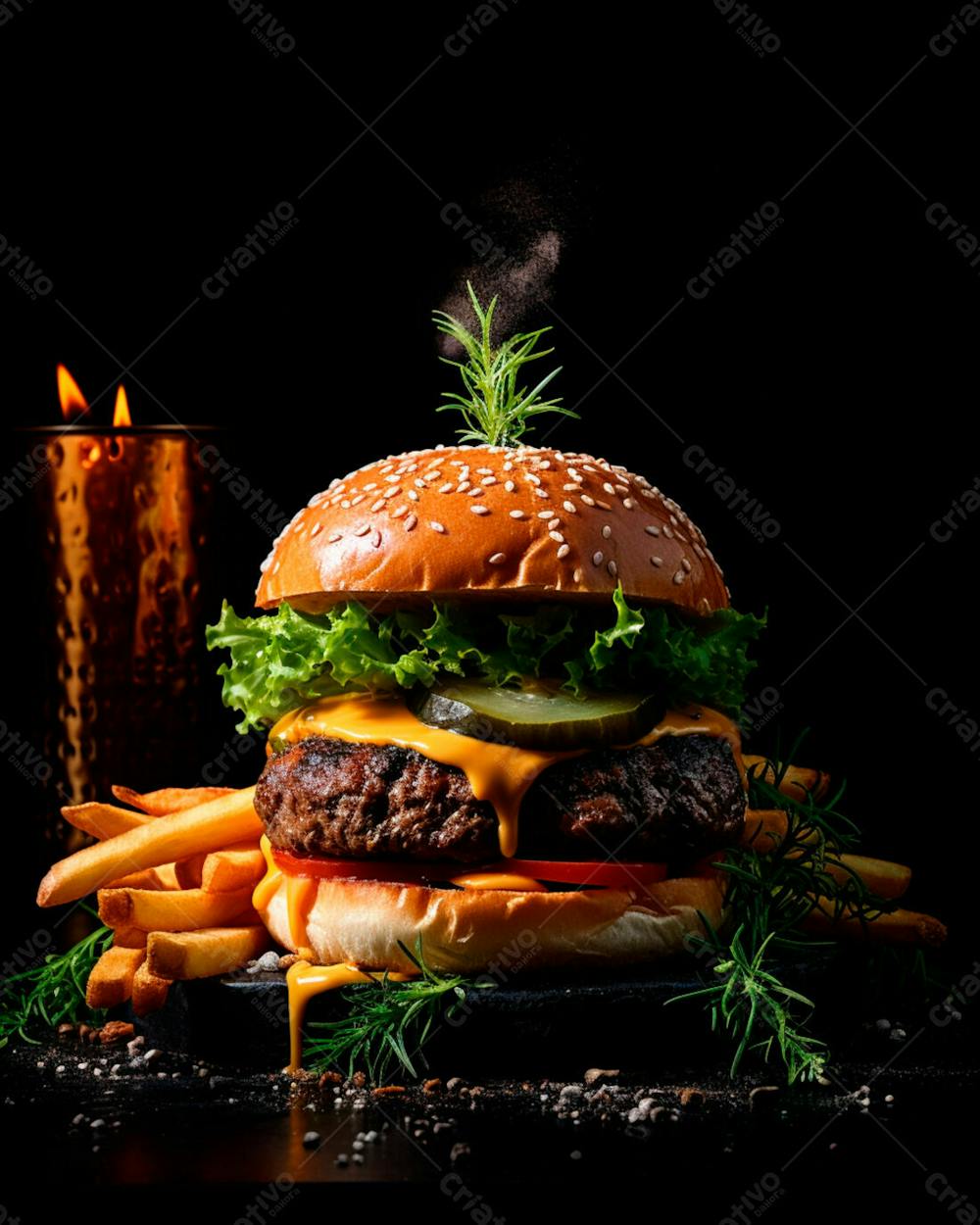  Imagem De Um Hambúrguer Completo Com Batatas Fritas Crocantes, Fundo Preto 99