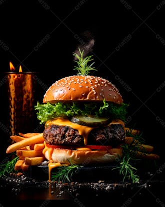 Imagem de um hambúrguer completo com batatas fritas crocantes, fundo preto 99