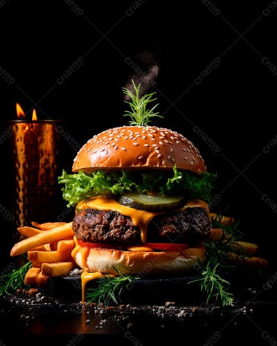  Imagem De Um Hambúrguer Completo Com Batatas Fritas Crocantes, Fundo Preto 99