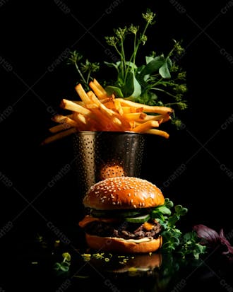 Imagem de um hambúrguer completo com batatas fritas crocantes, fundo preto 100