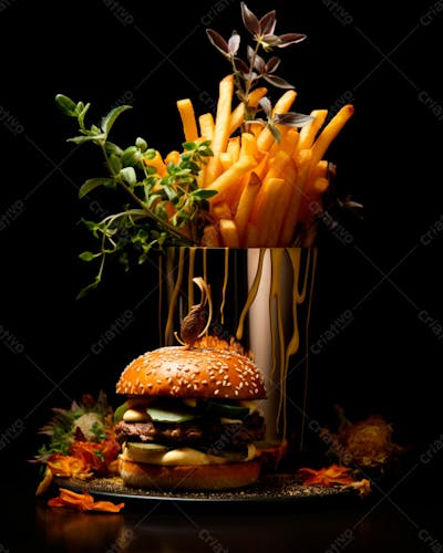  Imagem De Um Hambúrguer Completo Com Batatas Fritas Crocantes, Fundo Preto 101