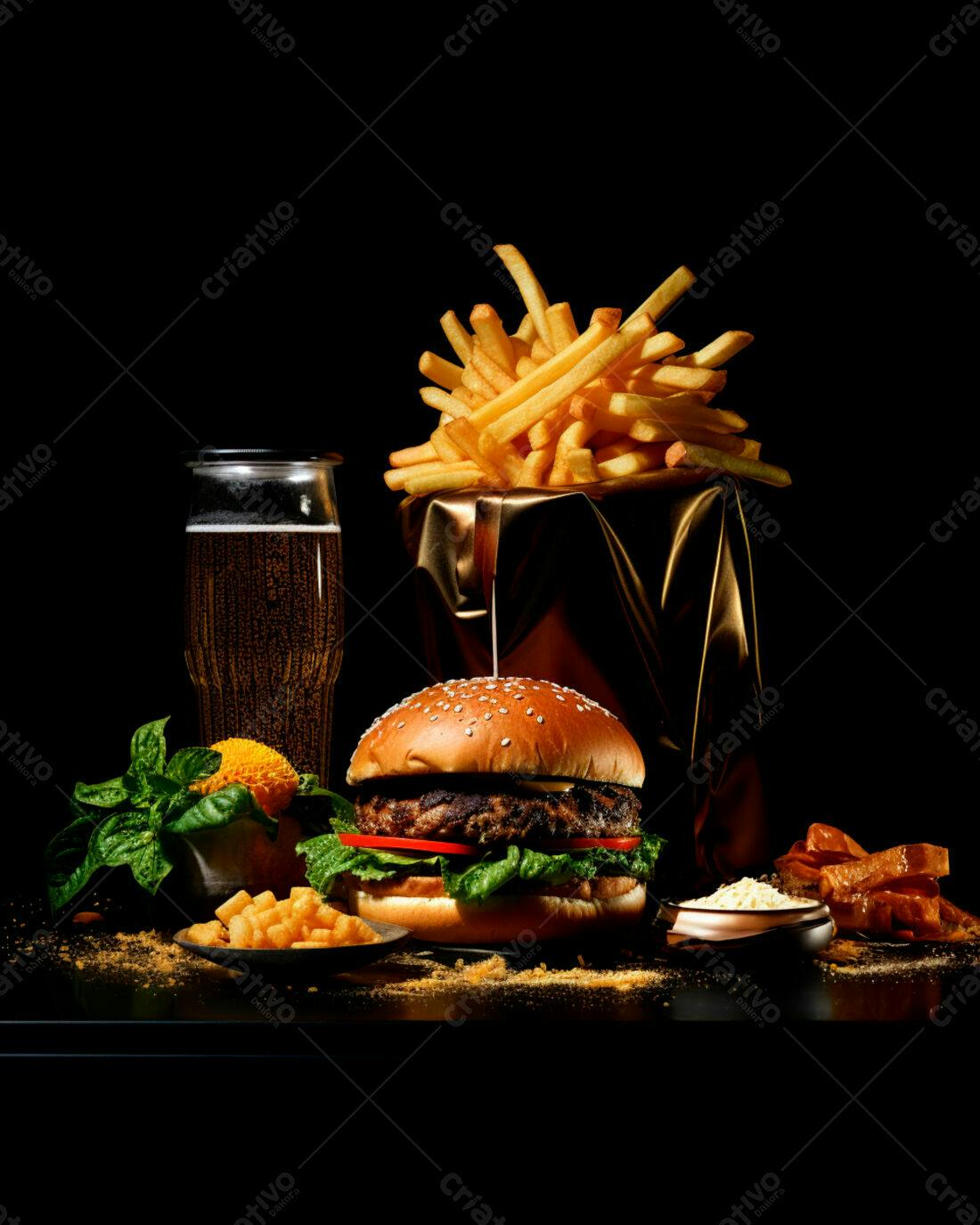 Hambúrguer suculento com batatas fritas e cerveja