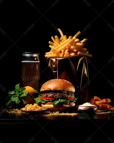  Imagem De Um Hambúrguer Completo Com Batatas Fritas Crocantes, Fundo Preto 102