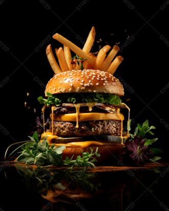 Imagem de um hambúrguer completo com batatas fritas crocantes, fundo preto 103