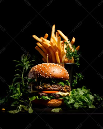 Imagem de um hambúrguer completo com batatas fritas crocantes, fundo preto 104