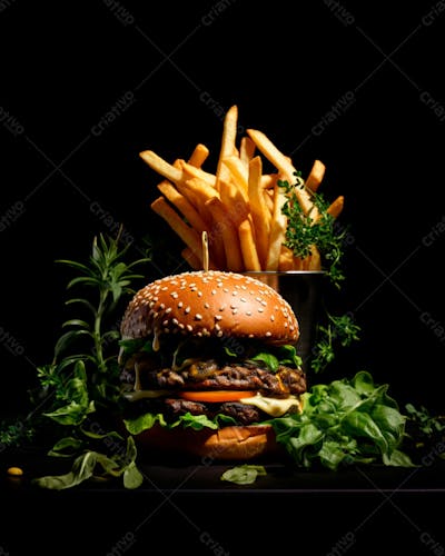  Imagem De Um Hambúrguer Completo Com Batatas Fritas Crocantes, Fundo Preto 104