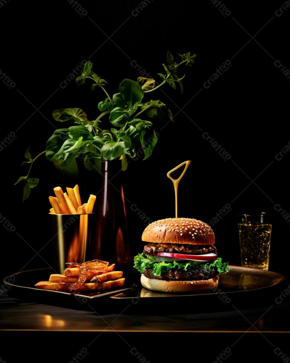  Imagem De Um Hambúrguer Completo Com Batatas Fritas Crocantes, Fundo Preto 105