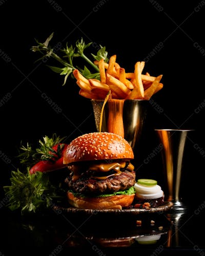  Imagem De Um Hambúrguer Completo Com Batatas Fritas Crocantes, Fundo Preto 106