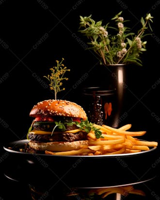Imagem de um hambúrguer completo com batatas fritas crocantes, fundo preto 107