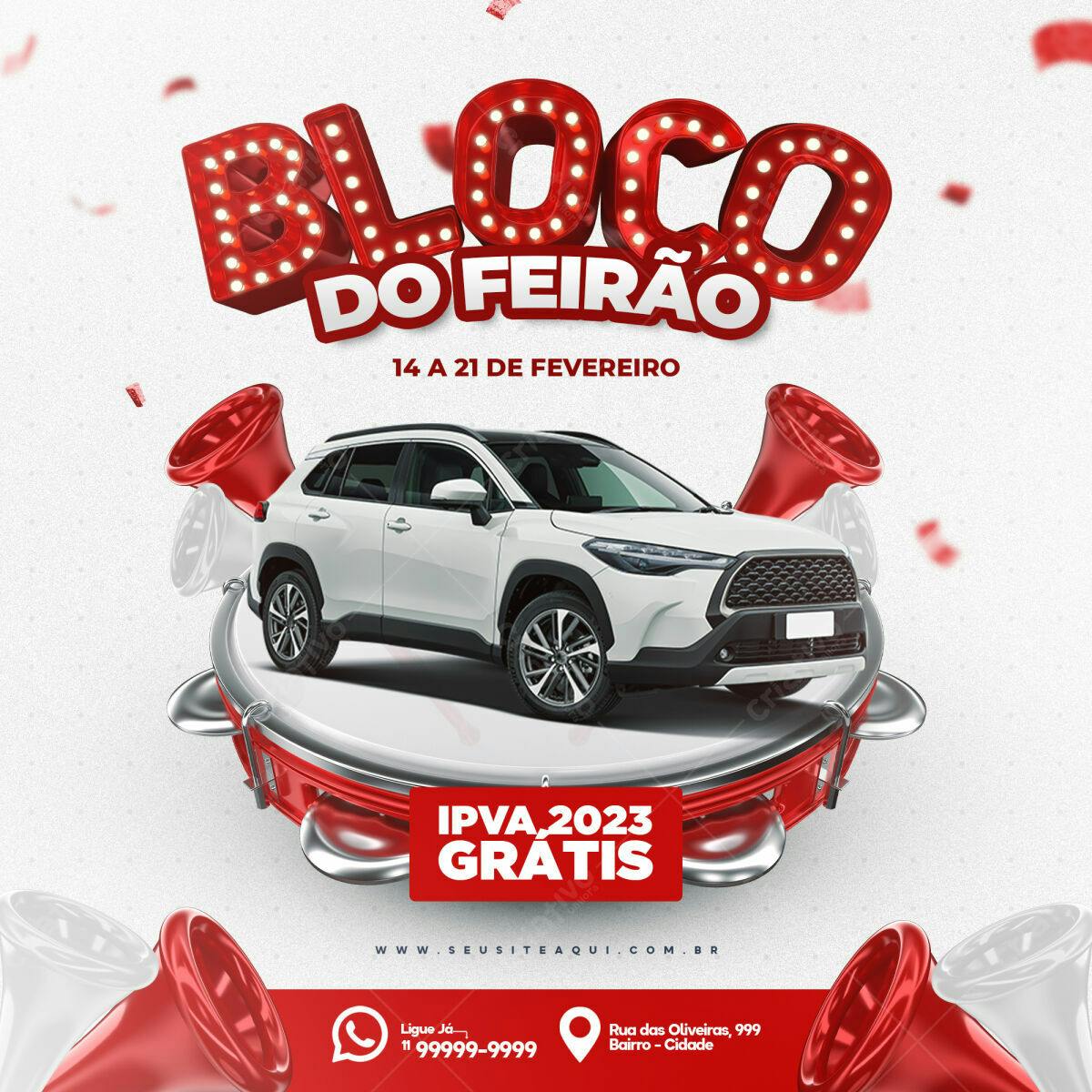 Flyer Bloco do Feirão IPVA Grátis PSD Editável
