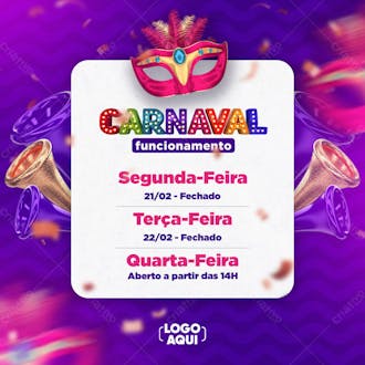 Carnaval horário de funcionamento social media psd editável roxo