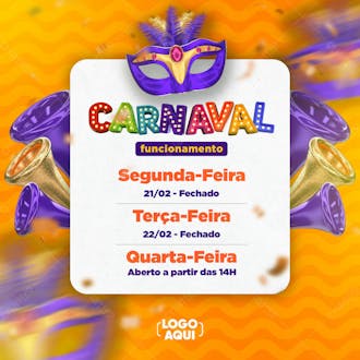 Carnaval horário de funcionamento social media psd editável laranja