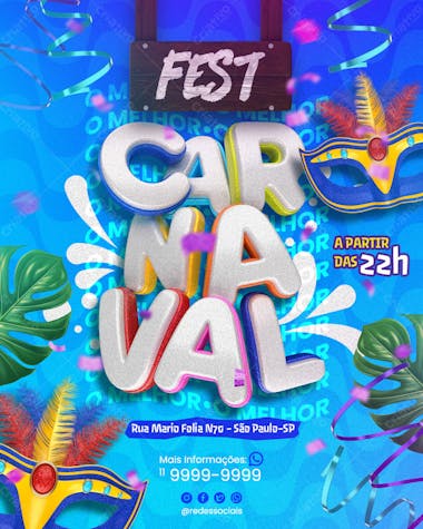 Flyer fest carnaval psd editável azul