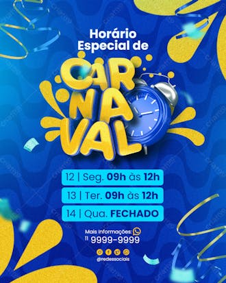 Horário especial de carnaval social media psd editável azul