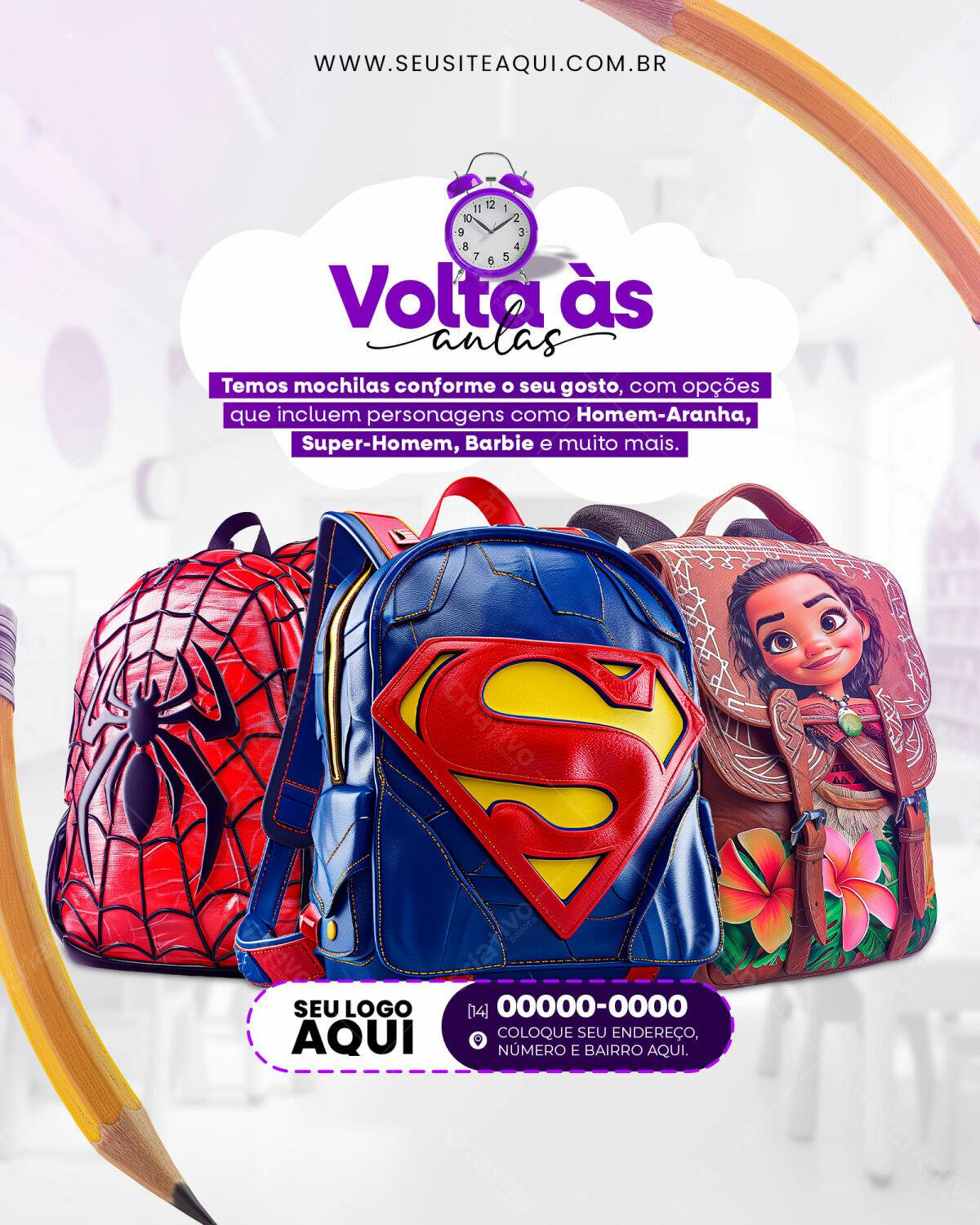 Flyer Volta às Aulas com Mochilas PSD Editável