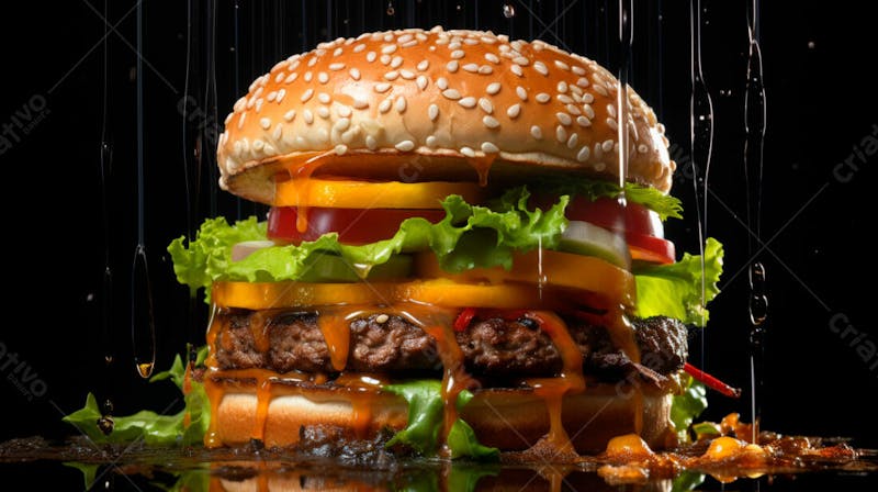 Imagem de um hamburguer completo em fundo preto 2