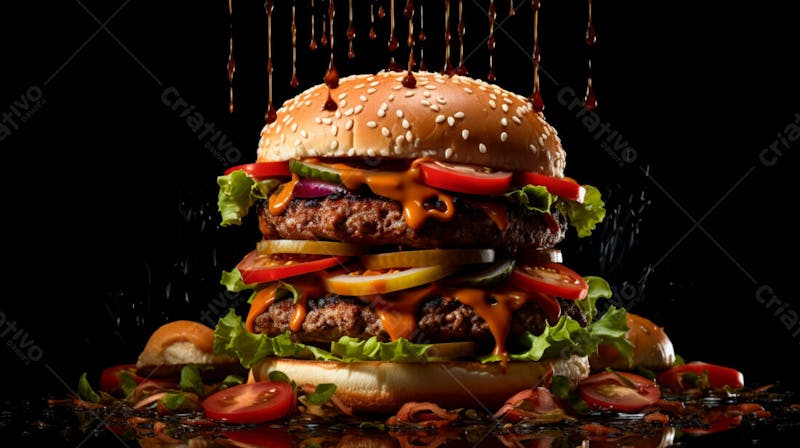 Imagem de um hamburguer completo em fundo preto 1