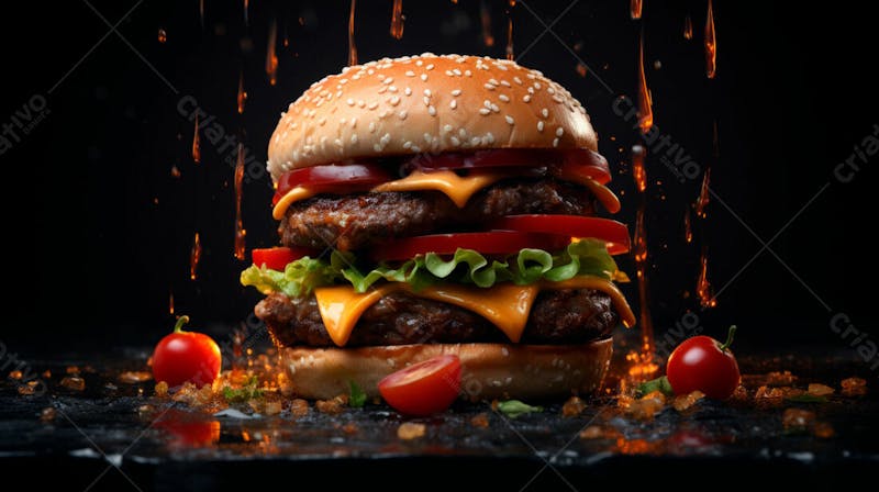 Imagem de um hamburguer completo em fundo preto 3