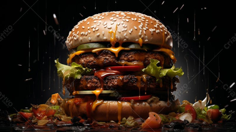 Imagem de um hamburguer completo em fundo preto 4